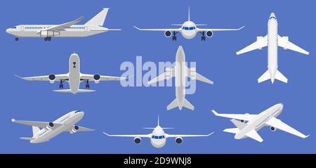 Vol en avion. Avion en vue avant, latérale et supérieure, avion passager ou avion de service de fret. Illustrations vectorielles isolées d'avions volants Illustration de Vecteur