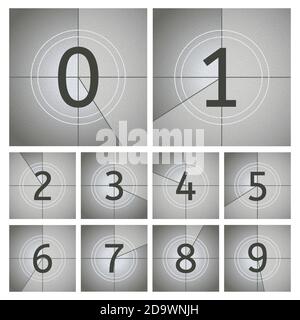 Compteur de films. Cadres de compte à rebours de cinéma vintage, anciens cadres de minuterie de film de 0 à 9 chiffres. Jeu d'illustrations vectorielles de comptage d'intro de film Illustration de Vecteur