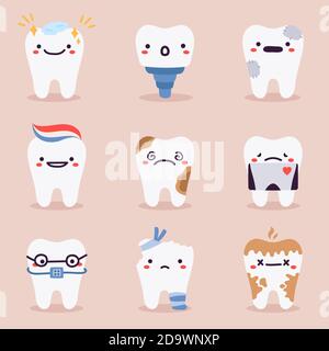 Mascottes de dents mignons. Jeu de symboles d'illustration de vecteur de santé dentaire, de soins dentaires et d'hygiène pour les caractères dentaires présentant des problèmes de dentisterie Illustration de Vecteur
