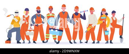 Équipe des travailleurs de la construction. Travailleurs de service industriel, constructeurs et serveuses de réparation de maison. Groupe d'ouvriers de la construction illustrations vectorielles Illustration de Vecteur