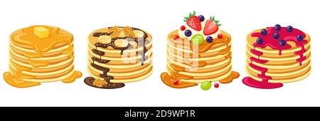 Crêpes de dessin animé. Des piles de crêpes savoureuses avec du sirop d'érable, du beurre, du sirop de chocolat, des fruits et de la confiture. Illustrations vectorielles de délicieux petits déjeuners Illustration de Vecteur
