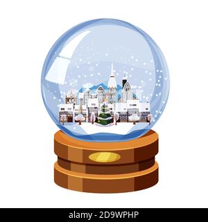 Boule de neige souvenir de Noël avec petite ville en sapin d'hiver. Illustration vectorielle isolée Illustration de Vecteur