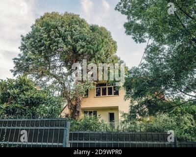 Cette maison privée beige est entourée d''arbres verts et d''un fer à repasser clôture noire Banque D'Images