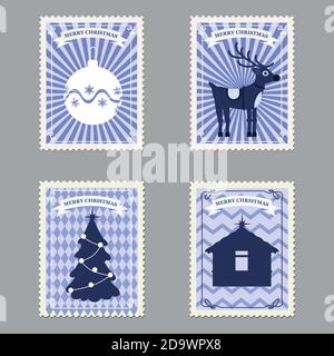 Ensemble de timbres-poste rétro Merry Christmas avec arbre de Noël, cadeaux, cerf. Illustration vectorielle isolée Illustration de Vecteur