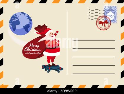 Carte postale de Noël et du nouvel an avec timbres et marque. Sac du Père Noël avec cadeaux Drone vole au-dessus de la Terre. Illustration vectorielle de style dessin animé plat Illustration de Vecteur