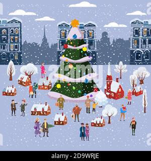 Marché de Noël ou foire extérieure d'hiver sur la place des vieux-villes grand paysage urbain de l'arbre du nouvel an. Grand ensemble de personnes marchant, achetant des cadeaux, boire Illustration de Vecteur