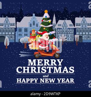 Van du Père Noël avec texte Merry Chrismas et Happy New Year 2021 manèges un scooter livrant des cadeaux d'expédition la nuit ville d'hiver. Illustration vectorielle Illustration de Vecteur