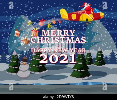 Van du Père Noël avec texte Merry Chrismas et Happy New Année 2021 vol en avion la nuit paysage d'hiver livraison cadeaux d'expédition Illustration de Vecteur