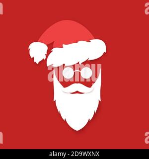 Silhouette du visage du Père Noël sur fond rouge. Barbe blanche avec moustache et chapeau avec lunettes. Noël et nouvel an de Symbol. Vecteur illust Illustration de Vecteur