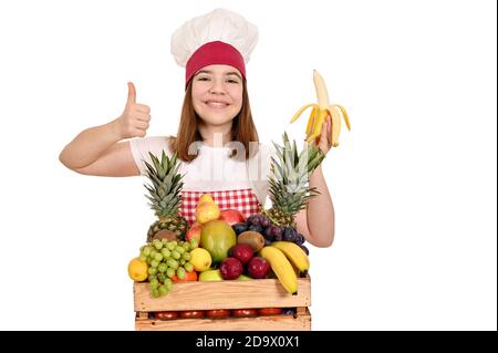 cuisez les femmes avec la banane et le pouce vers le haut Banque D'Images