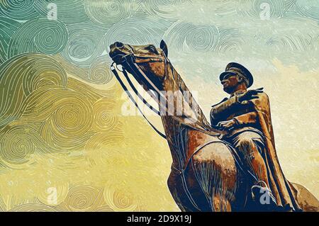 Peinture à l'huile élégante de la statue en bronze du mémorial de Mustafa Kemal Ataturk sur son cheval, le fondateur de la République de Turquie, sur le ciel du coucher du soleil. Banque D'Images