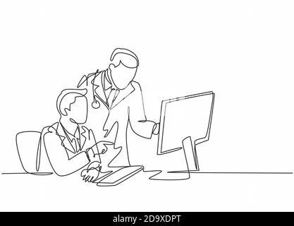 Une ligne continue dessinant deux jeunes médecins masculins discutant tout en regardant le dossier médical du patient sur l'écran d'ordinateur. Concept de soins de santé en milieu hospitalier Illustration de Vecteur