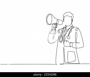 Dessin en ligne continue unique d'un jeune médecin mâle pointant vers un objet et tenant un haut-parleur de mégaphone à l'hôpital. Les travailleurs de la santé Illustration de Vecteur