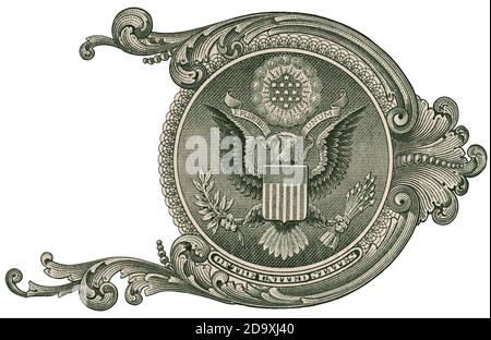 Great Seal, US un dollar macro de clôture de facture, 1 billet de banque usd, united States Money Banque D'Images