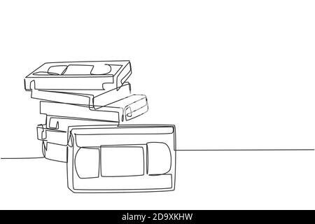 Une pile de dessins sur une seule ligne de cassette vidéo analogique VHS classique rétro. Vintage film stockage cassette concept ligne continue graphique dessiner Illustration de Vecteur