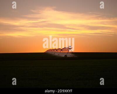 Centrer le système d'irrigation à pivot dans le champ de la ferme au coucher du soleil Banque D'Images