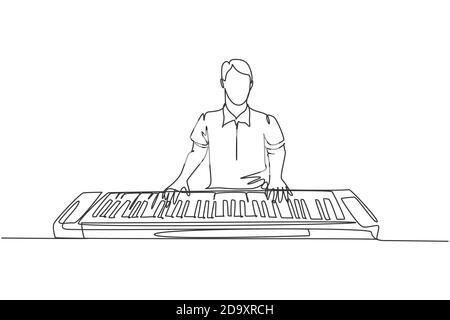 Un dessin d'une seule ligne de jeune homme joyeux pianiste jouant un synthétiseur électrique, un piano à clavier moderne. Artiste musicien concept de performance Illustration de Vecteur