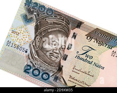 Nigeria 200 naira billet gros plan, Nigeria argent gros plan, isolé sur fond blanc. Banque D'Images