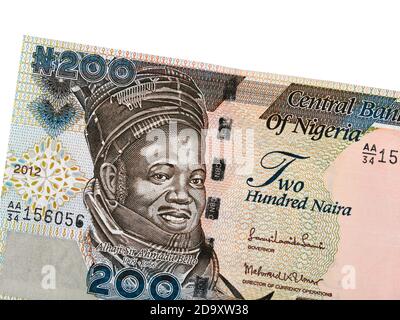 Nigeria 200 naira billet gros plan, Nigeria argent gros plan, isolé sur fond blanc. Banque D'Images