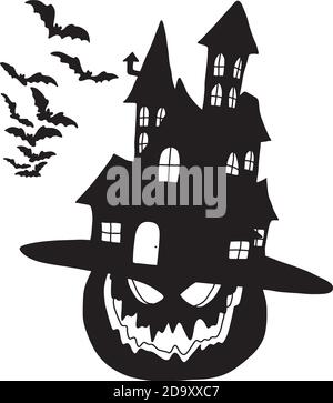 Silhouette de citrouille Halloween avec chapeau en forme de château l'illustration vectorielle esquisse de la poignée dessinée à la main avec des lignes noires isolées sur fond blanc Illustration de Vecteur