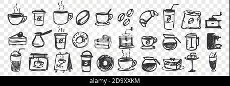 Ensemble de tasses et de croquettes de pâtisseries dessinées à la main Illustration de Vecteur