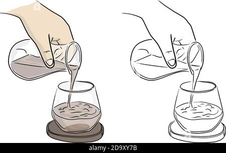 gros plan, côté gauche, verser de l'eau sur le schéma de l'illustration vectorielle en verre doodle dessiné à la main avec des lignes noires isolées sur fond blanc Illustration de Vecteur