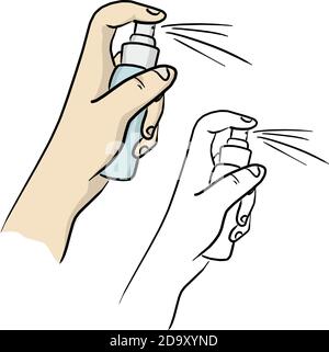 Gros plan tenant les mains et pulvérisant de l'assainisseur pour les mains pour éviter le Covid-19 illustration de vecteur de virus croquis doodle main dessiné avec des lignes noires isolé sur Illustration de Vecteur