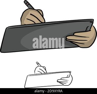 Gros plan de la main d'homme d'affaires à l'aide d'un stylet pour le toucher l'illustration vectorielle de l'écran de la tablette numérique est dessinée à la main avec lignes noires iso Illustration de Vecteur
