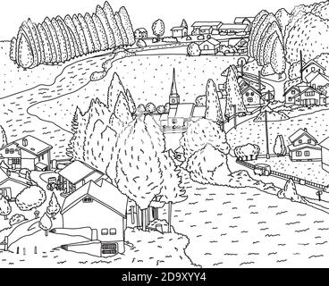 paysage de campagne avec maison et vecteur de rivière illustration esquisse doodle tracé à la main avec des lignes noires isolées sur fond blanc Illustration de Vecteur