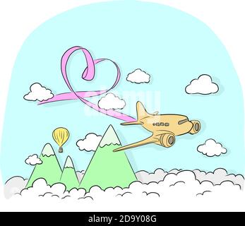 avion avec ruban rose volant dans le ciel bleu vecteur l'illustration montre un dessin à la main avec des lignes noires isolées dessus arrière-plan blanc Illustration de Vecteur