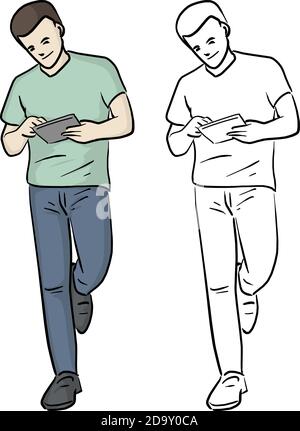 Homme pleine longueur utilisant un Tablet PC penché sur le blanc illustration du vecteur de paroi esquisse de la poignée dessinée à la main avec des lignes noires isolé sur fond blanc Illustration de Vecteur