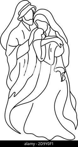 Joseph et Marie tenant bébé Jésus vecteur illustration esquisse Doodle main dessiné isolé sur fond blanc. Scène de fête de Noël Illustration de Vecteur