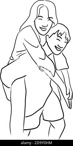 young man giving a piggy back ride to his girlfriend vector illustration sketch doodle hand drawn with black lines isolated on white background Stock Vector