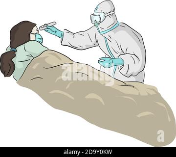 Médecin dans une combinaison de protection EPI à l'aide d'un thermomètre infrarouge pour la vérification santé du virus infecté patient senior vecteur illustration esquisse doodle main d Illustration de Vecteur
