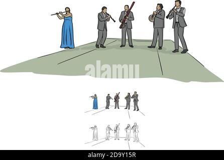 Les musiciens de quintette jouant de la musique sur scène, l'illustration vectorielle esquisse un peu tracé à la main avec des lignes noires isolées sur fond blanc Illustration de Vecteur