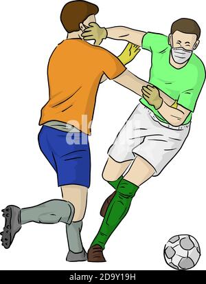 joueur de football portant un masque et des gants tout en jouant au jeu vecteur illustration esquisse doodle main dessiné isolé sur fond blanc. Protection Covid-19 Illustration de Vecteur