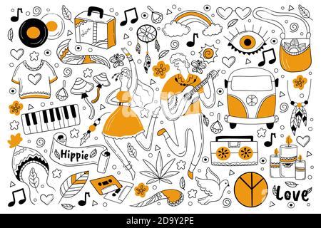 Ensemble de nouilles hippie Illustration de Vecteur