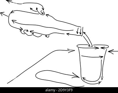 verser à la main l'eau de la bouteille sur le verre en forme de flèche l'illustration vectorielle esquisse de la poignée dessinée à la main avec des lignes noires isolées sur fond blanc Illustration de Vecteur