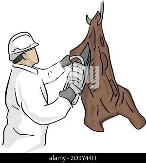 boucherie mâle utilisant une tronçonneuse pour couper l'illustration vectorielle de viande suspendue avec des lignes noires isolées sur fond blanc. Illustration de Vecteur