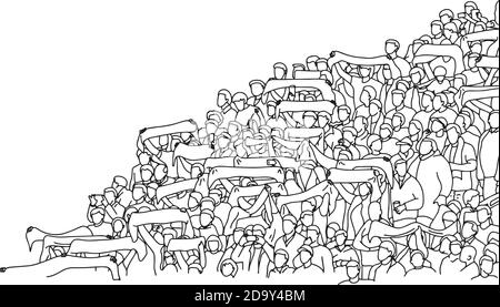 foule de fans de sport sur le stade avec illustration vectorielle scalaire dessinez à la main le boutre avec des lignes noires isolées sur du blanc arrière-plan avec espace de copie Illustration de Vecteur