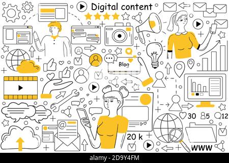 Jeu de doodle de contenu numérique Illustration de Vecteur