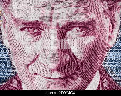 Kemal Ataturk face sur turc 1 lire billet de banque macro, premier président de la Turquie, clôture de l'argent Banque D'Images