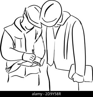 deux ingénieurs travaillant avec un casque de sécurité qui regarde un papier dessin de l'illustration du vecteur de main doodle main dessiné avec des lignes noires isolé sur fond blanc Illustration de Vecteur