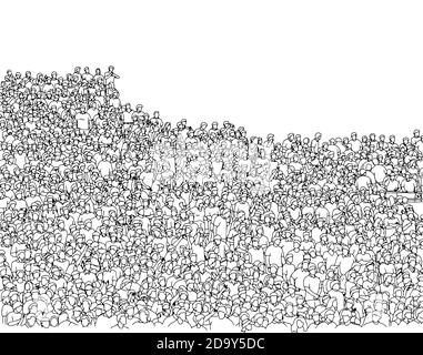 beaucoup de fans de sport sur le stade avec copyspace sur le dessus l'illustration vectorielle droite esquisse la main de l'enliseur dessinée avec des lignes noires isolé sur fond blanc Illustration de Vecteur