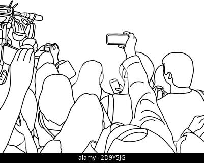 reporter interviw avec téléphone mobile et dessin d'illustration de vecteur d'espace de copie doodle dessiné à la main avec des lignes noires isolées sur fond blanc Illustration de Vecteur