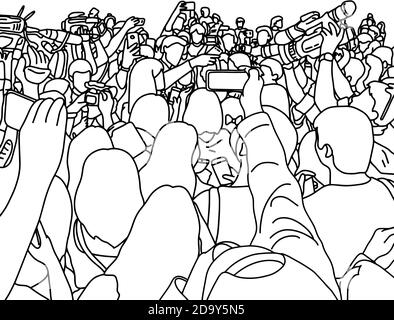 journaliste interviw avec téléphone mobile vecteur illustration esquisse de la main de doodle tracé avec des lignes noires isolées sur fond blanc Illustration de Vecteur