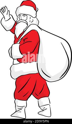 La clause du père Noël chinois agite la main avec un grand sac blanc son illustration de vecteur arrière esquisse doodle main dessiné avec noir lignes isolées sur fond blanc Illustration de Vecteur