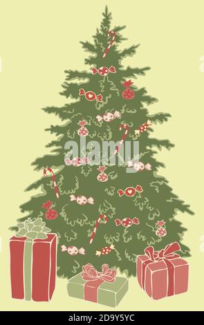 Illustration vectorielle motif carte postale arbre de Noël avec décorations de Noël et boîtes-cadeaux sur fond vert. Carte de Noël rétro de style vintage. Illustration de Vecteur