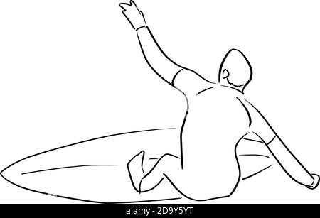 homme debout sur la planche de surf vecteur illustration esquisse doodle dessiné à la main avec des lignes noires isolées sur fond blanc Illustration de Vecteur