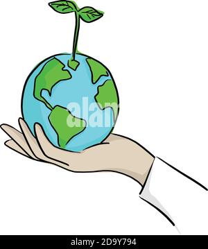 plantation manuelle de terre verte avec illustration de vecteur de plante avec des lignes noires isolées sur fond blanc. Concept d'économie d'environnement. Illustration de Vecteur